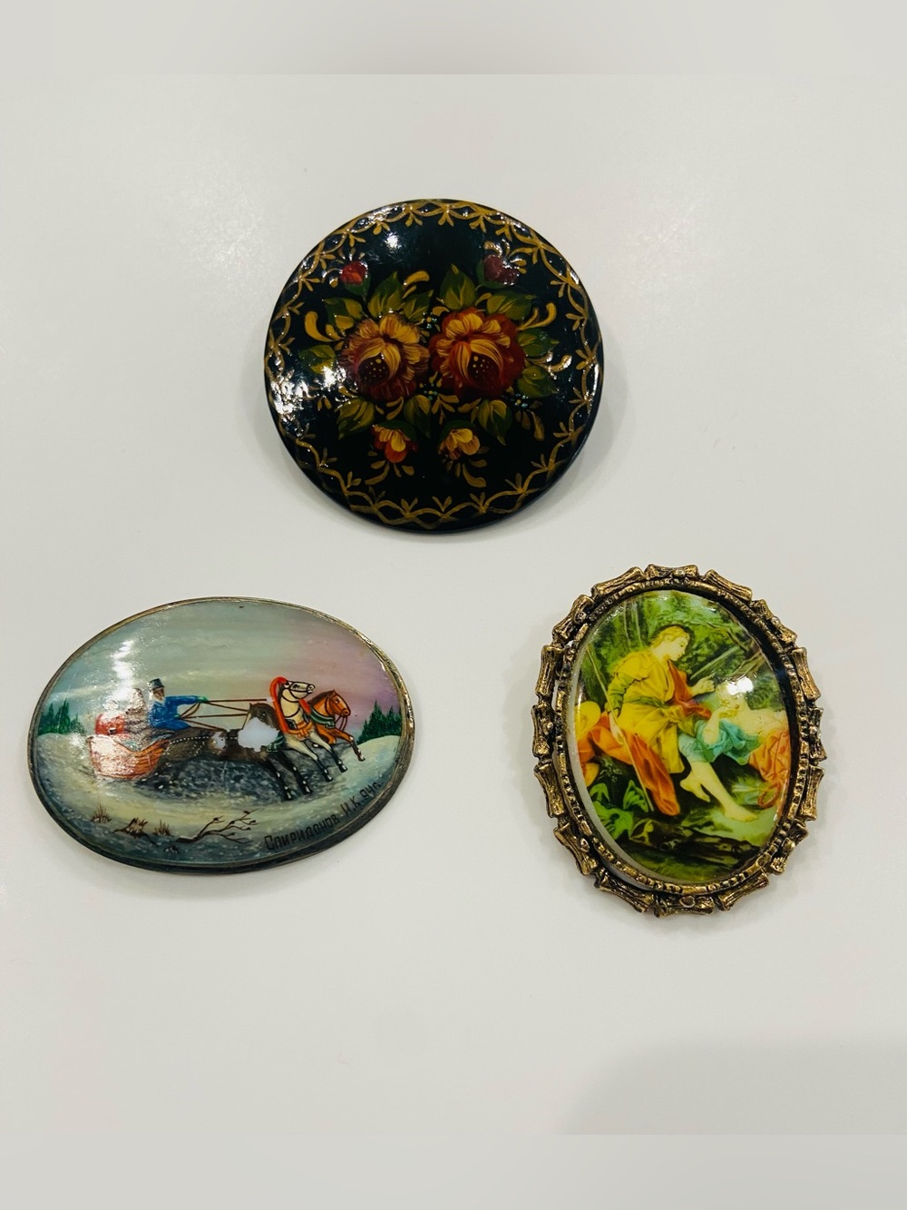 Vintage Hand-Painted Floral and Scenic Brooches